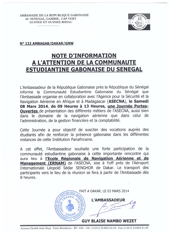 Note d'information à l'attention de la communauté estudiantine Gabonaise au Sénégal